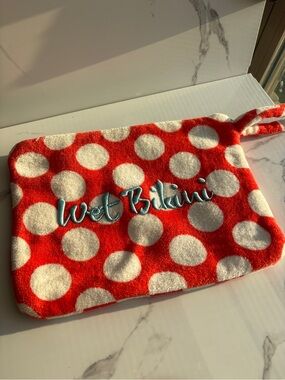 Henri Bendel Wet Bikini Clutch Pouch polka Dots Lined Vinyl Embroidered